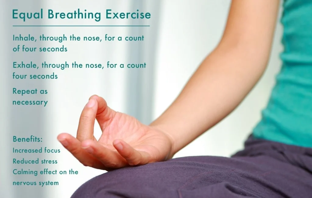 Basically, you're inhaling for the same amount of time as you're exhaling. Equal breathing can be practiced while sitting or lying down. Make sure you get comfortable in whatever position you choose. Take several deep breaths and pay attention to how you normally breathe.