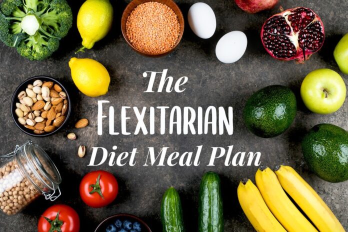 A plate filled with a variety of colorful fruits, vegetables, grains, and legumes, representing a flexitarian diet.