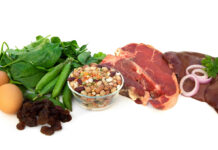 A plate with various foods rich in iron and vitamins that boost hemoglobin levels.
