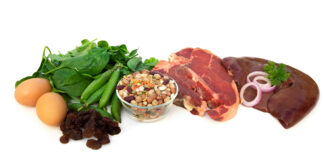 A plate with various foods rich in iron and vitamins that boost hemoglobin levels.