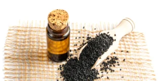 Black Seed Oil: A dark-hued oil in a glass bottle with black seeds scattered around. Known for its potential health benefits, including anti-inflammatory, antioxidant, and immune-boosting properties.