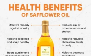 Close-up of safflower oil, a natural skincare remedy, with a focus on its golden hue in a small glass bottle. Safflower oil is known for its moisturizing properties and is often used in skincare routines for a healthy and radiant complexion.