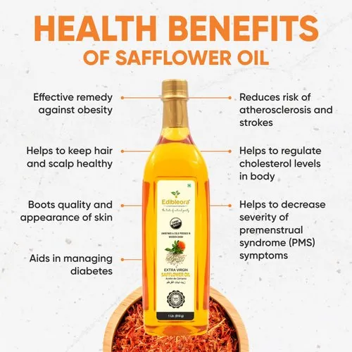 Close-up of safflower oil, a natural skincare remedy, with a focus on its golden hue in a small glass bottle. Safflower oil is known for its moisturizing properties and is often used in skincare routines for a healthy and radiant complexion.