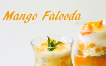 Mango Falooda: A delicious and refreshing Indian dessert made with layers of ripe mangoes, vermicelli, basil seeds, milk, and ice cream. Perfect for summer indulgence!