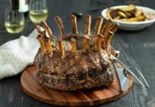 Delicious pork crown roast, beautifully cooked and garnished, ideal for festive dinners and special occasions, showcasing a succulent main dish.