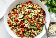 Fresh chickpea salad with diced vegetables and herbs, served in a white bowl. Nutritious vegan dish rich in protein and vitamins. Ideal for healthy lunches or picnics.